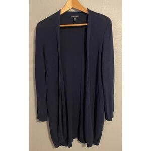 Eileen Fisher Womens Cardigan Small Navy Blue Waffle Knit Open Front Longline